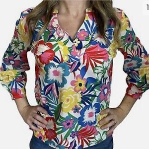 Boden Floral woven V Neck Popover 100% cotton blouse- EUC Size 4